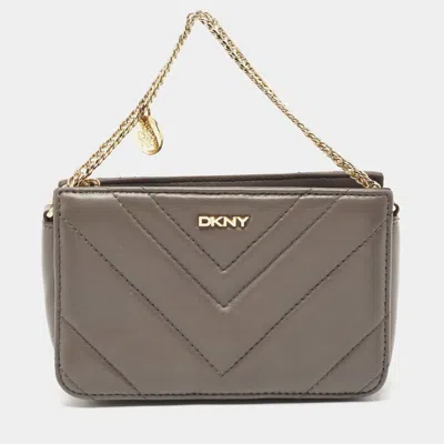 Dkny Grey Leather Chevron Chain Clutch In Brown