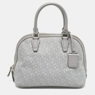 Pre-owned Dkny Grey Signature Coated Canvas And Leather Dome Satchel