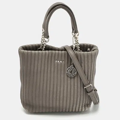 Pre-owned Dkny Grey Stripe Leather Gansevoort Tote In Gray