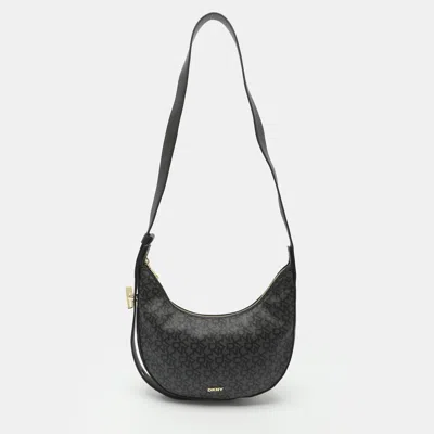 Pre-owned Dkny Grey/black Signature Coated Canvas And Leather Hobo In Gray