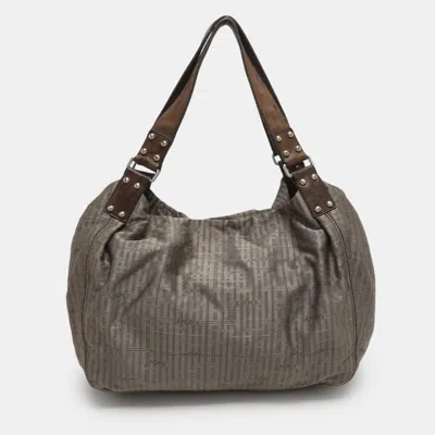 Pre-owned Dkny Grey/brown Logo Print Nylon And Leather Hobo In Gray