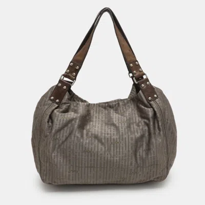 Dkny Grey/brown Logo Print Nylon And Leather Hobo In Gray
