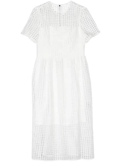 DKNY GRID PATTERN MIDI DRESS WITH JEWEL NECKLINE