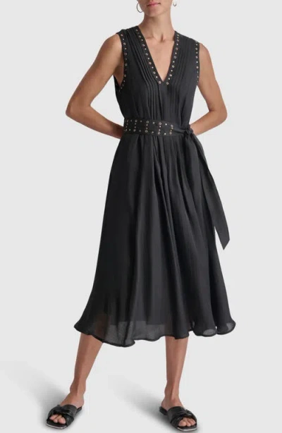 Dkny Grommet Tie Belt Sleeveless Organza Midi Dress In Black