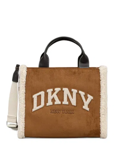 Dkny Hadlee Logo-embroidered Shearling-trim Tote Bag In Brown