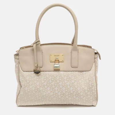 Dkny Heritage Lock Light Beige Signature Canvas And Leather Tote In Brown