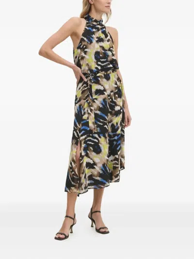 Dkny High-neck Abstract-print Dress In Neutral