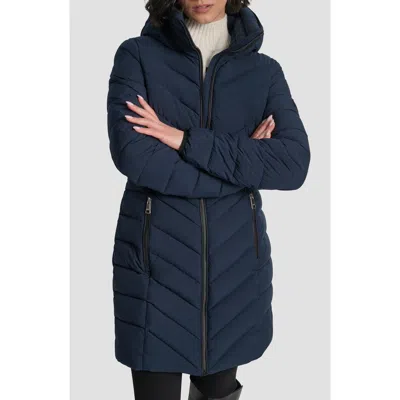Dkny Hooded Chevron Puffer Jacket In Blue