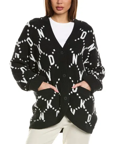 Dkny Contrasting Logo Hooded Cardigan In Black
