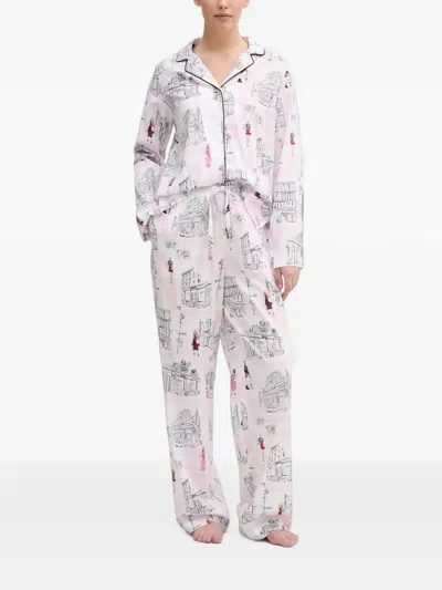 Dkny Illustration-print Piped-trim Pajama Set In White