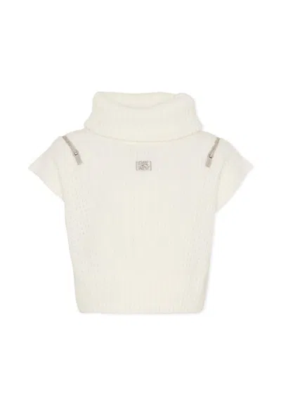 Dkny Kids' Ivory Crop Vest For Girl With Logo In Animal Print