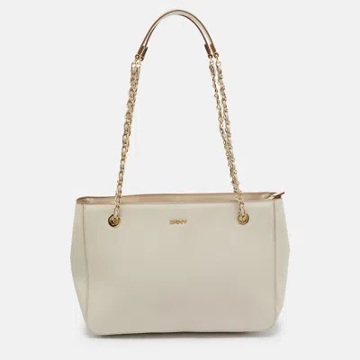 Dkny Ivory Leather Top Zip Chain Tote In Neutral