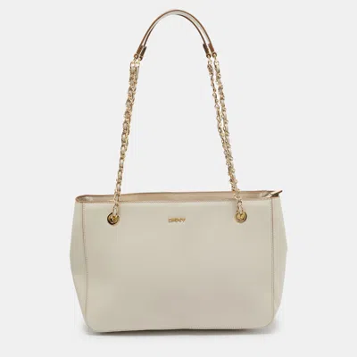 Pre-owned Dkny Ivory Leather Top Zip Chain Tote In White