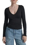 Dkny Jeans Deep V-neck Long Sleeve Ruched Top In Black