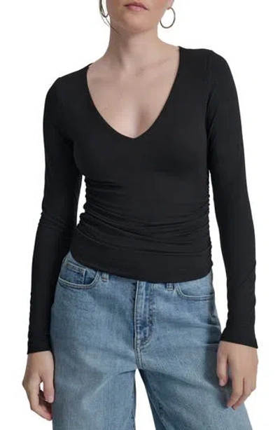 Dkny Jeans Deep V-neck Long Sleeve Ruched Top In Black