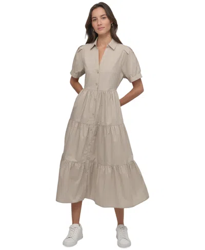Dkny Jeans Dkny Women's Puffed-sleeve Tiered Shirtdress In Brown