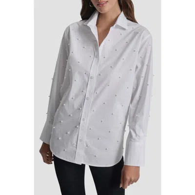 Dkny Jeans Faux Pearl Embellished Button-up Shirt In White
