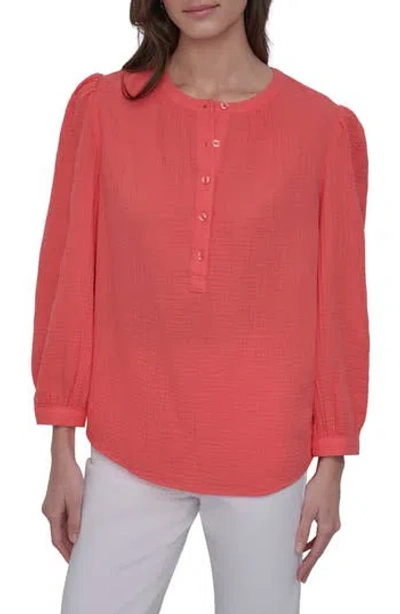 Dkny Jeans Gauze Henley Shirt In Coral Crush