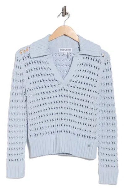Dkny Jeans Johnny Collar Open Stitch Cotton Blend Sweater In Blue