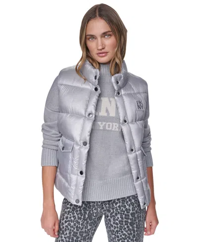 Dkny Jeans Men's Mock-neck Puffer Vest With Logo Applique In Silver