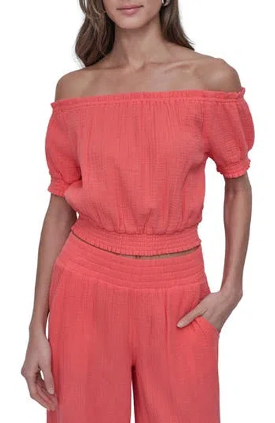 Dkny Jeans Off The Shoulder Crop Top In Coral Crush