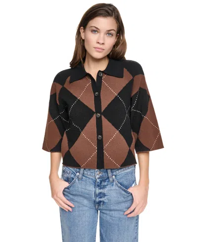 Dkny Jeans Petite Argyle Button-front Sweater In Black  Chestnut