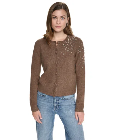 Dkny Jeans Petite Button-front Jersey Knit Sweater In Caramel Heather