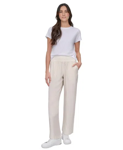 Dkny Jeans Petite Chambray Smocked-waist Wide-leg Pants In Neutral