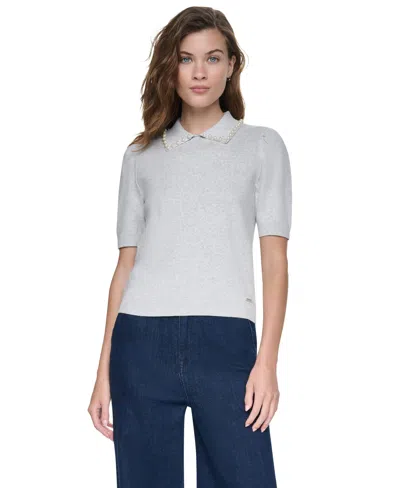 Dkny Jeans Petite Collared Short-sleeve Sweater In Sky Gray Heather