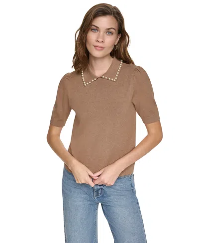 Dkny Jeans Petite Collared Short-sleeve Sweater In Woodsmoke Heather