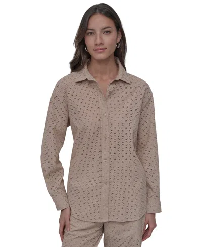 Dkny Jeans Petite Cotton Classic-fit Button-up Shirt In Pebble
