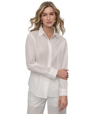 Dkny Jeans Petite Cotton Classic-fit Button-up Shirt In White