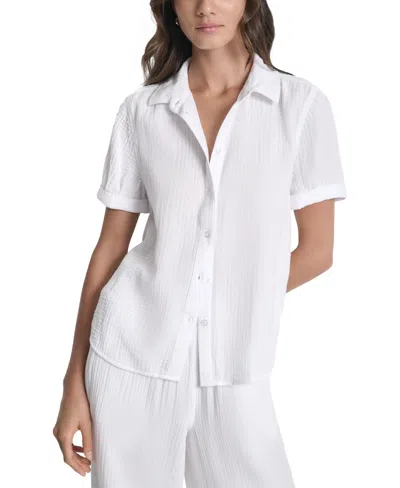 Dkny Jeans Petite Cotton Cuffed Short-sleeve Shirt
