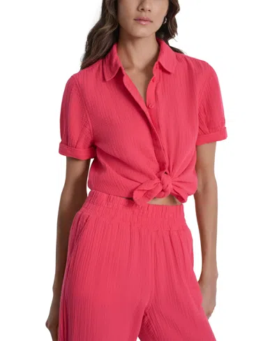 Dkny Jeans Petite Cotton Cuffed Short-sleeve Shirt