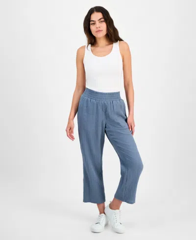 Dkny Jeans Petite Cotton High-rise Smocked-waist Pants In Blue Fog