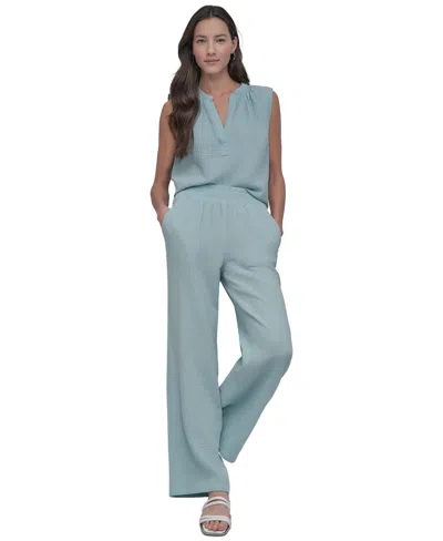 Dkny Jeans Petite Cotton High-rise Smocked-waist Pants In Mineral