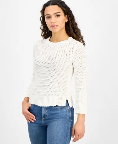 Dkny Jeans Petite Cotton Open-stitch Vented-hem Sweater In Ivory