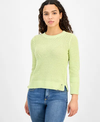 Dkny Jeans Petite Cotton Open-stitch Vented-hem Sweater In Tea Green