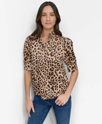 Dkny Jeans Petite Cotton Puff-sleeve Button-front Shirt In Brown