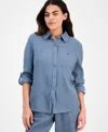 Dkny Jeans Petite Cotton Roll Tab Shirt High Rise Pull On Pants In Blue Fog