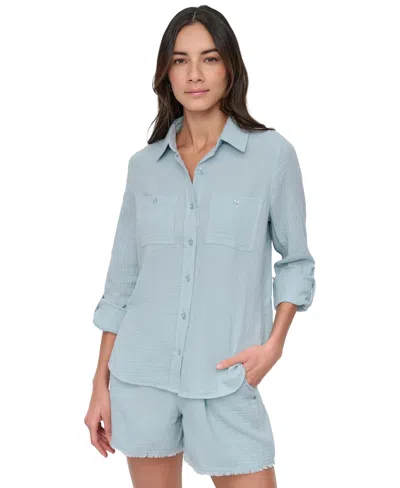 Dkny Jeans Petite Cotton Roll-tab Shirt In Mineral