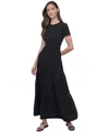 Dkny Jeans Petite Cotton Smocked-waist Tiered Maxi Skirt In Black