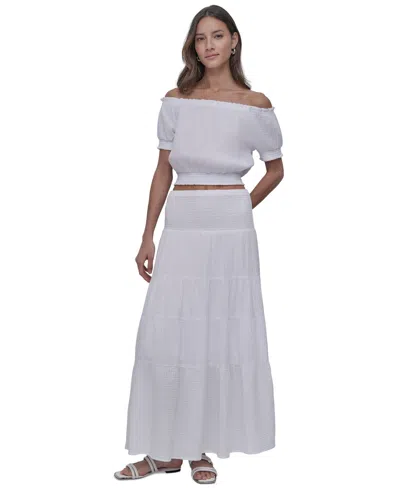 Dkny Jeans Petite Cotton Smocked-waist Tiered Maxi Skirt In White