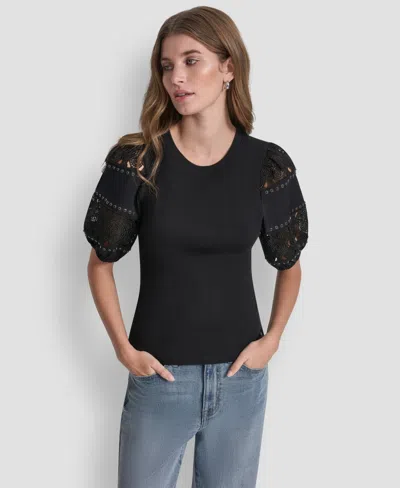 Dkny Jeans Petite Crewneck Lace Eyelet Top In Black