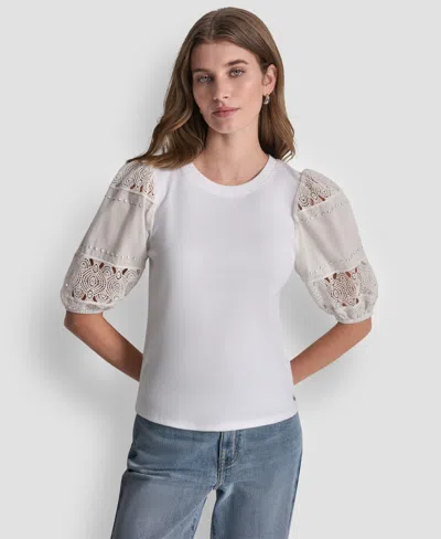 Dkny Jeans Petite Crewneck Lace Eyelet Top In White