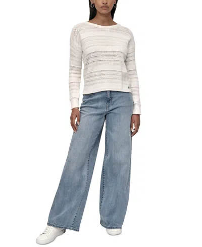 Dkny Jeans Petite Crewneck Open-stitch Cotton Sweater In White
