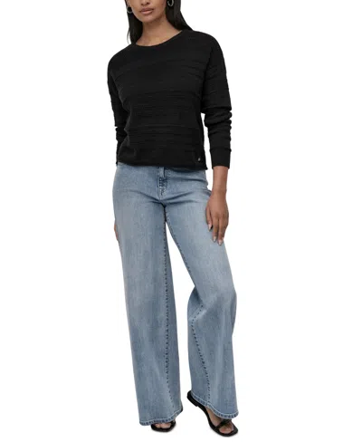 Dkny Jeans Petite Crewneck Open-stitch Cotton Sweater In Black