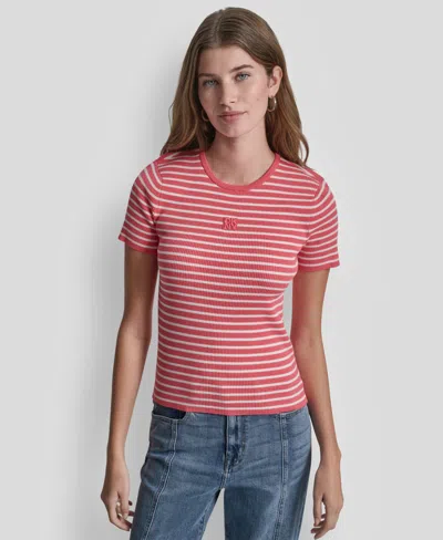 Dkny Jeans Petite Crewneck Striped Sweater In Pink