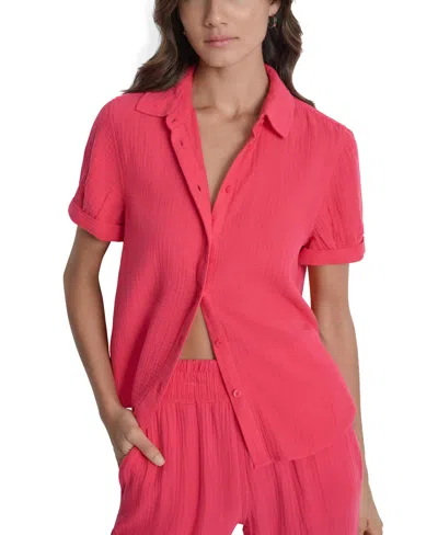 Dkny Jeans Petite Cuffed Short-sleeve Shirt In Pink