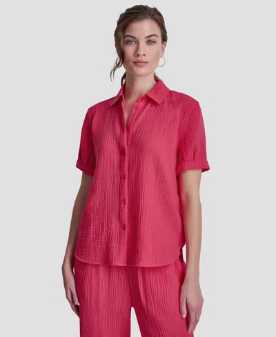 Dkny Jeans Petite Cuffed Short-sleeve Shirt In Pink